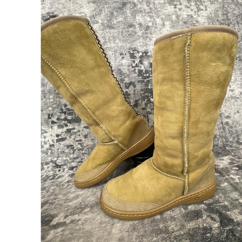 Vtg UGG Australia Womens 7 Mens 6 Ultimate Tall Boots Y2K‎ Braid Trim Sand Cozy